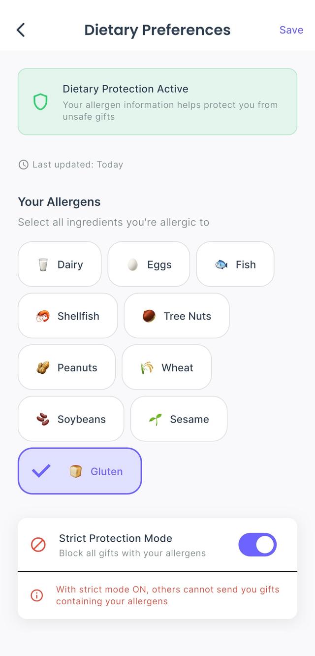 Setting dietary restrictions in the app