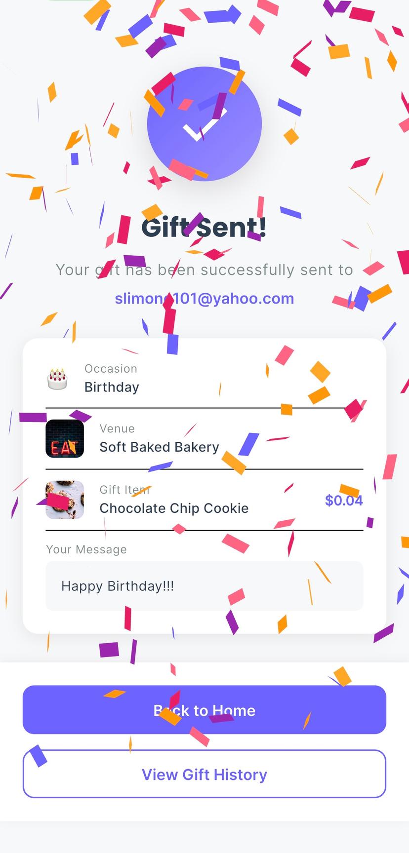 Gift sent confirmation showing delivery to recipient